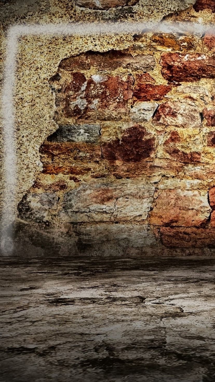 Weathered red bricks and cracked stone flooring with deep shadows, rough surfaces, and an aged masonry feel.