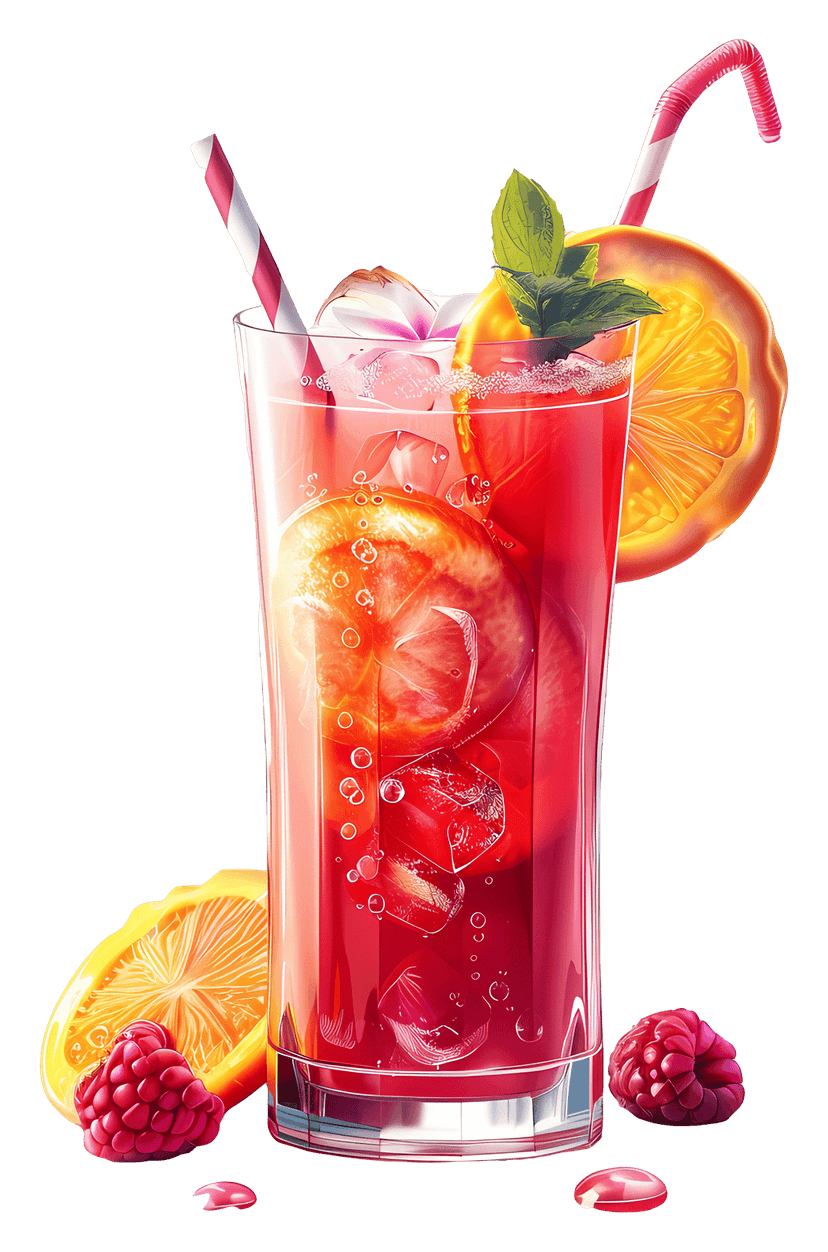 Red fruit cocktail in a tall glass featuring citrus slices, mint garnish, and a straw on a transparent background.