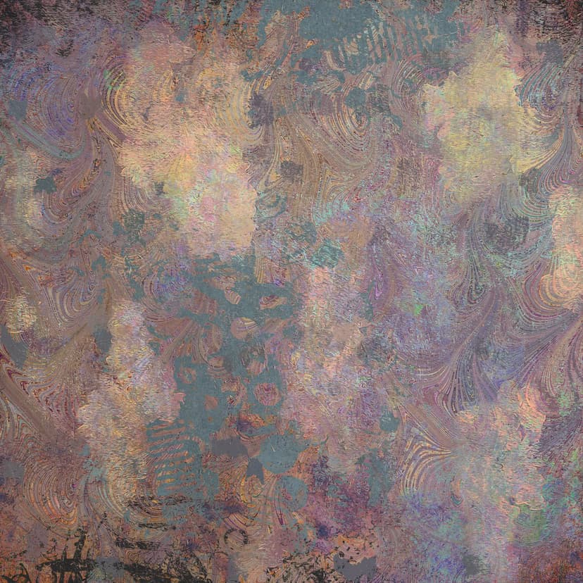 Swirling teal and muted purple patterns blend across a crackled, beige stone-like surface with orange accents.
