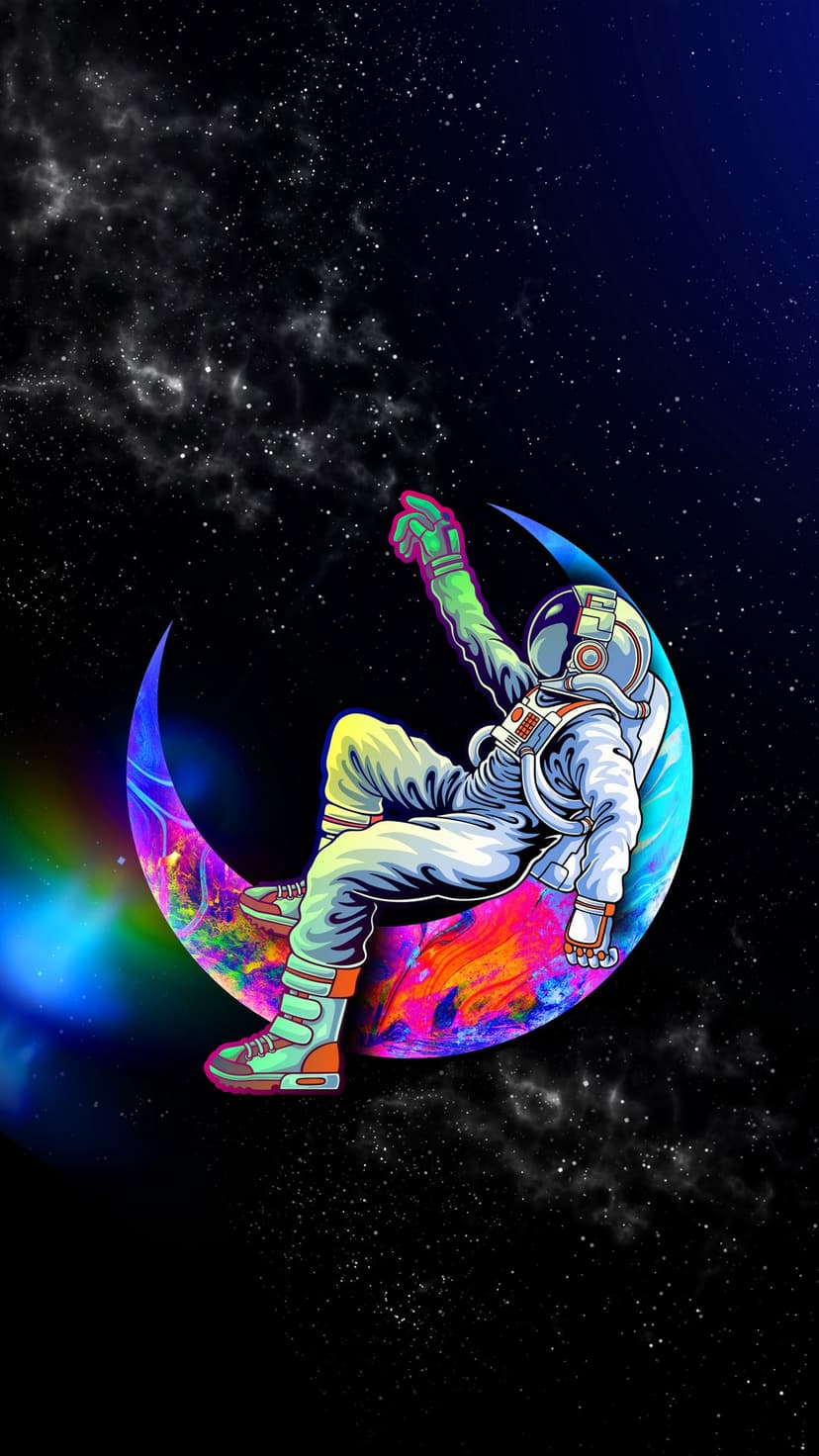 Astronaut in a white suit sits on a colorful psychedelic crescent moon within a dark starry galaxy nebula.