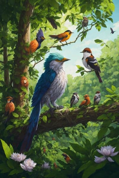 Vibrant Birds Perched in Lush Green Forest Canopy
