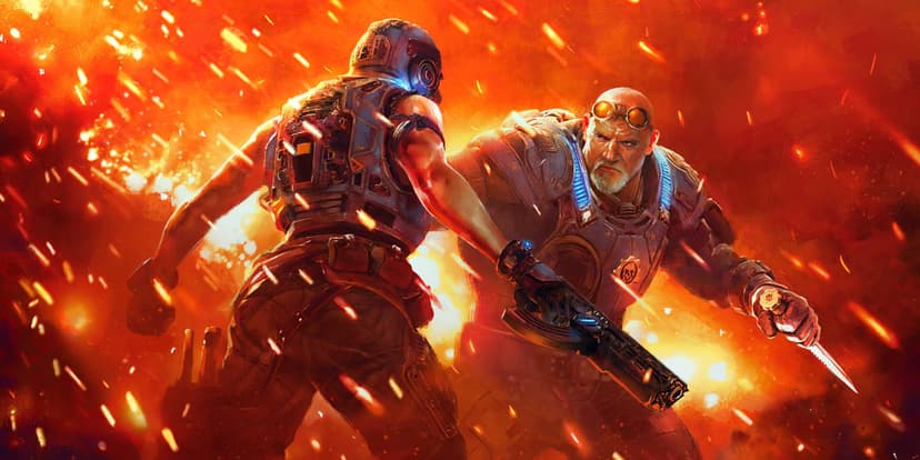 Two armored soldiers engage in combat amidst orange fire and sparks in a detailed cinematic digital painting.
