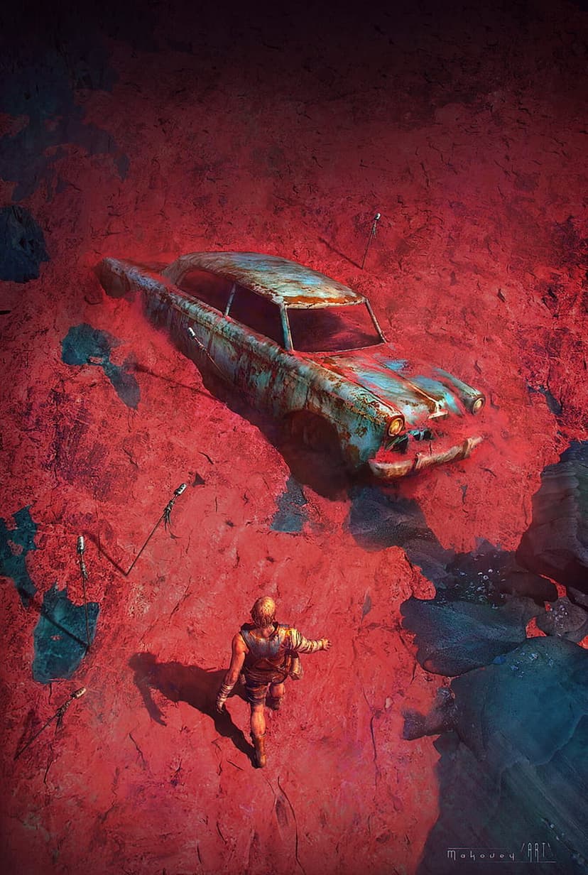 A rusted vintage car sits in a red desert as an armored traveler walks away, casting a long, dark shadow.