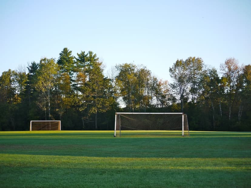Soccer goals stand on a green grass field during a vibrant sunset with trees lining the distant horizon line.