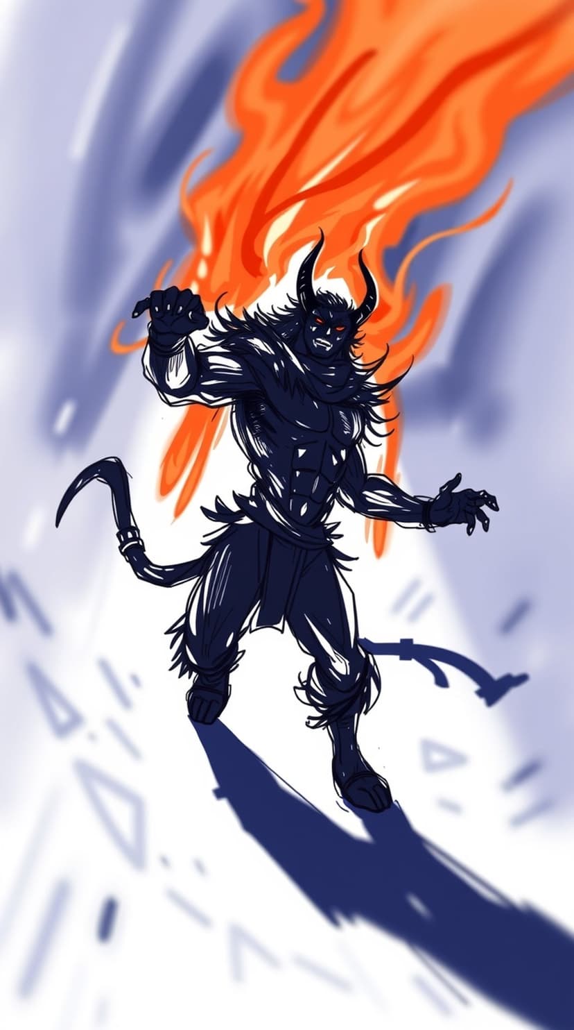 Horned demon with glowing red eyes and flaming back stands against a blue and white abstract background.