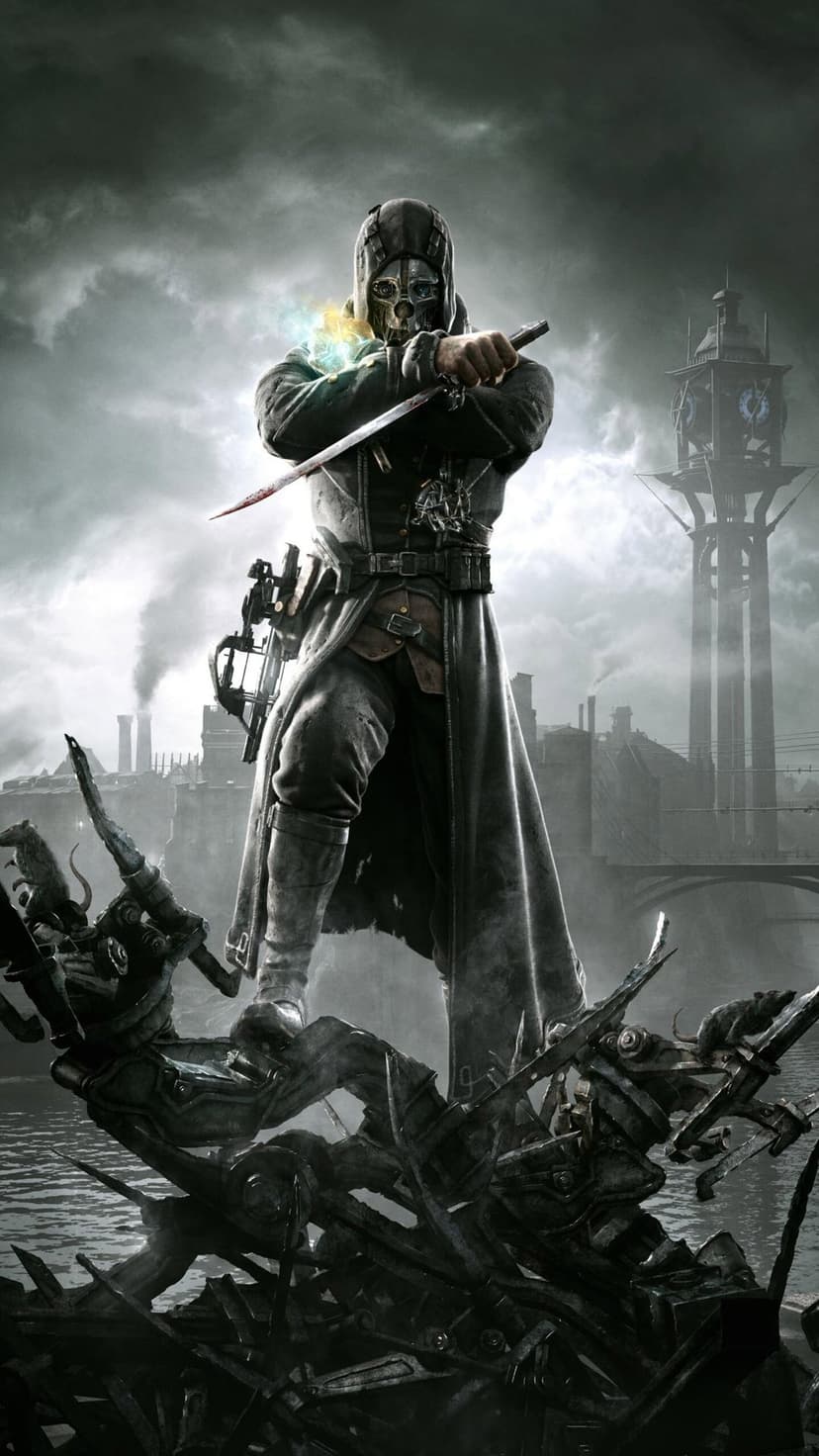 Masked assassin Corvo Attano holding a bloodied blade over industrial debris in a dark steampunk city.
