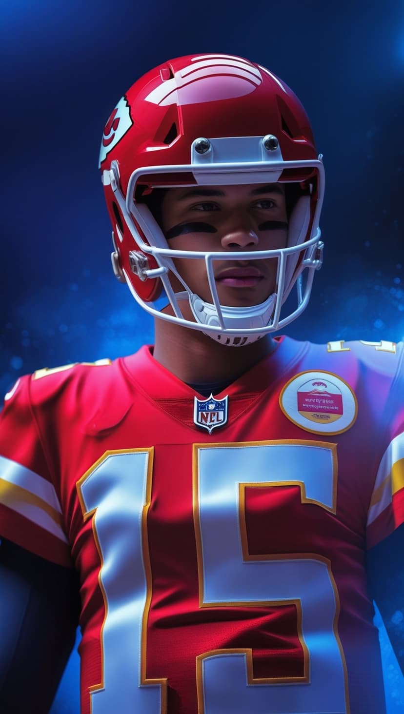 Patrick Mahomes in a red Kansas City Chiefs jersey and helmet against a blue background with glowing particles.