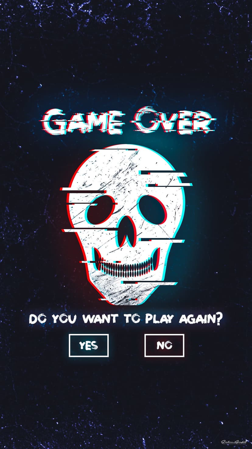 Distorted skull with glitch effects sits behind game over text and a play again prompt on a dark background.