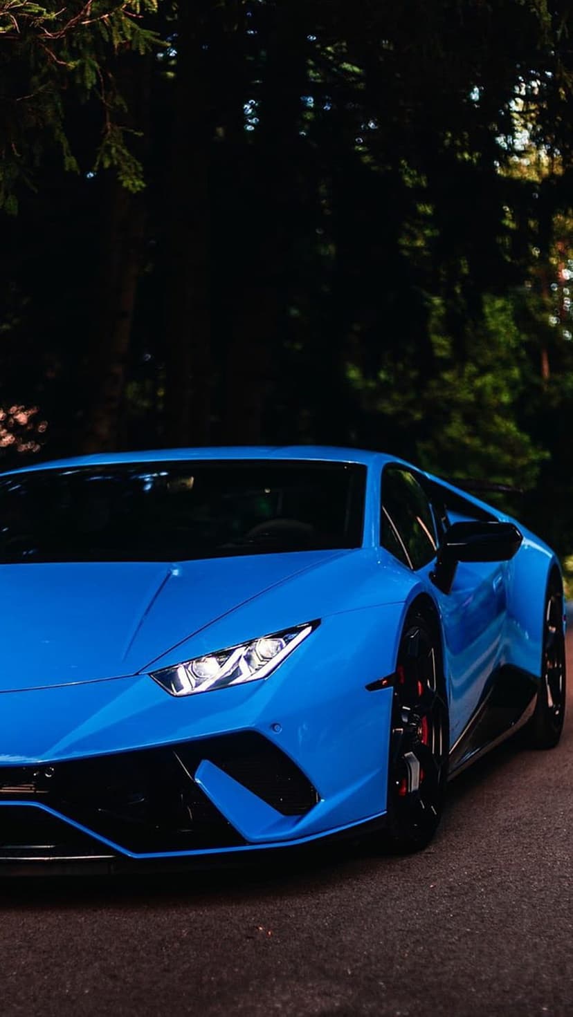 Blue Lamborghini supercar parked on a paved forest road with sunlight filtering through lush green trees.