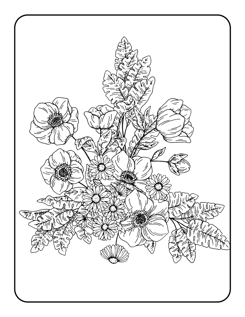 Anemone and daisy floral coloring page featuring detailed black ink line art with veined leaves and flower petals.
