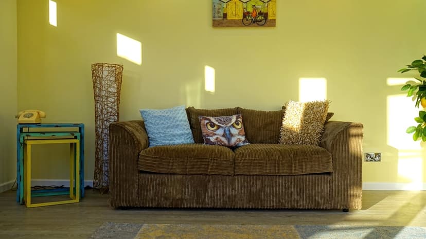Brown corduroy sofa with an owl pillow sits against a yellow wall illuminated by bright squares of window light.