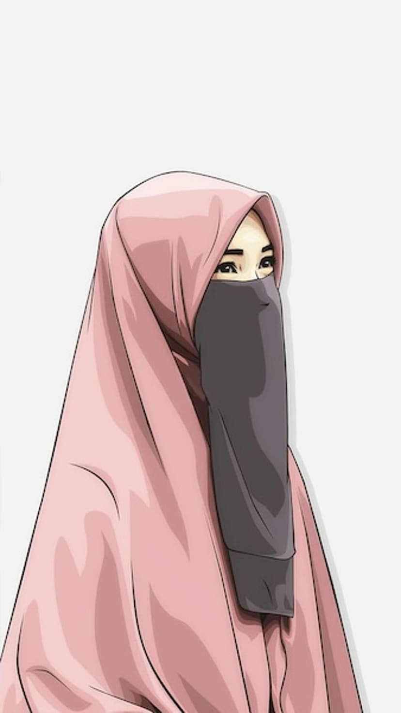 Anime woman with expressive eyes wearing a pale pink hijab and dark gray niqab covering her lower face profile.