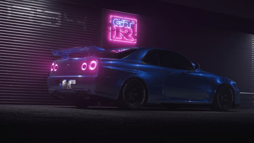 Rear view of a blue Nissan Skyline GT-R R34 parked under a pink neon sign at night with glowing taillights.
