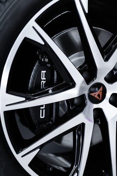 Close-up of Cupra car wheel and brake caliper