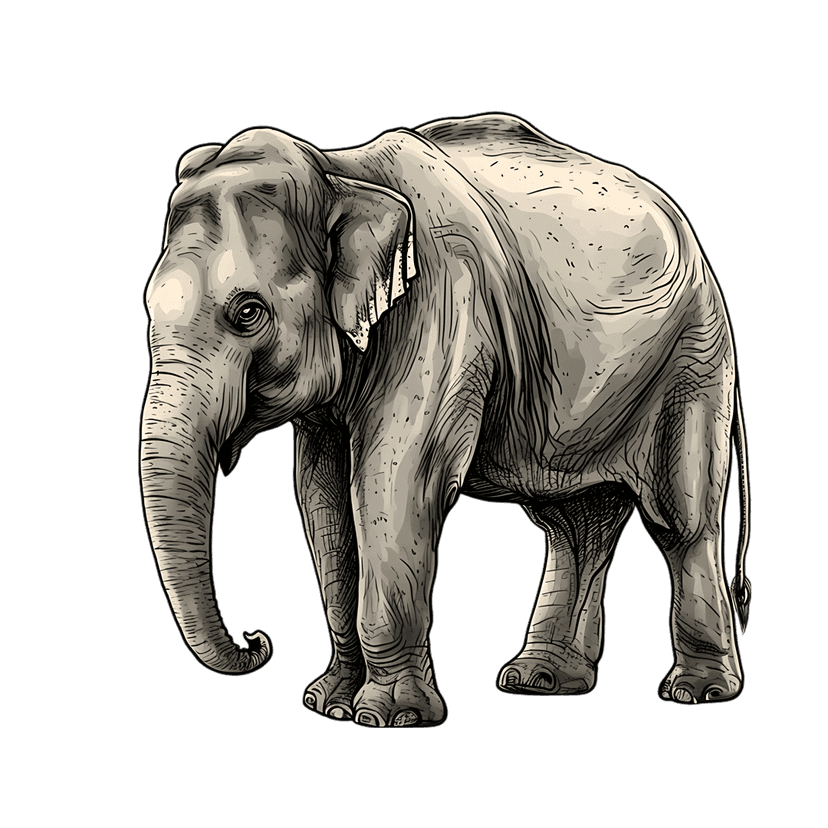 Elephant illustration in detailed linework shows intricate skin textures and a calm side profile pose.