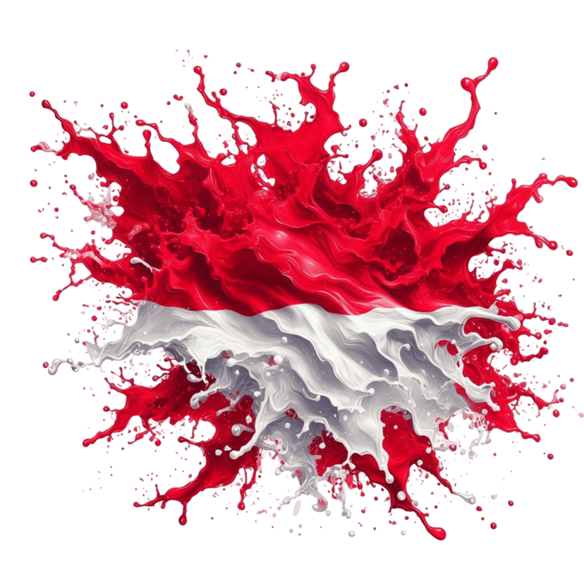 Indonesia flag liquid splash rendering in red and white colors featuring realistic 3D water droplets and transparency.