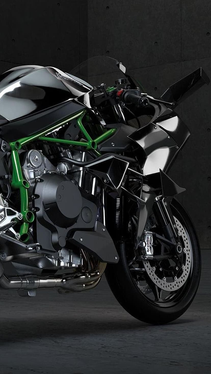 Kawasaki Ninja H2R bike showing a green trellis frame, black carbon fairings, and Brembo front wheel brakes.