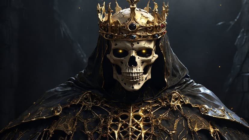 Skeleton wearing an ornate gold crown and black armor with glowing yellow eyes against a dark background.