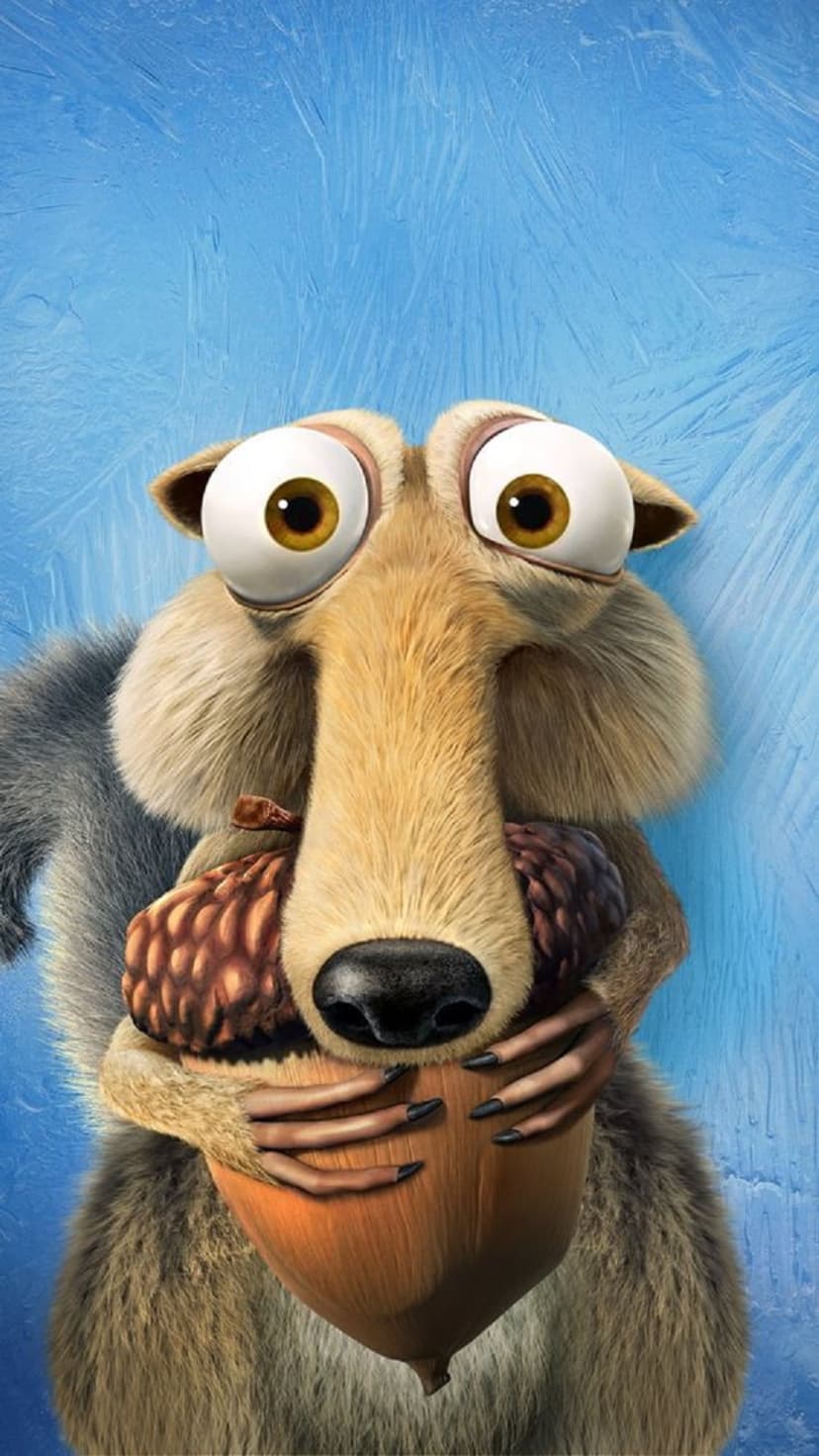Scrat the squirrel with wide eyes clutches a giant acorn against a textured frozen blue ice surface.