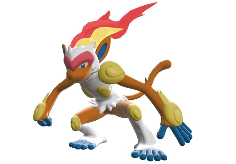 Infernape Pokemon in a crouched battle pose with a flaming crown and golden armor against a white background.