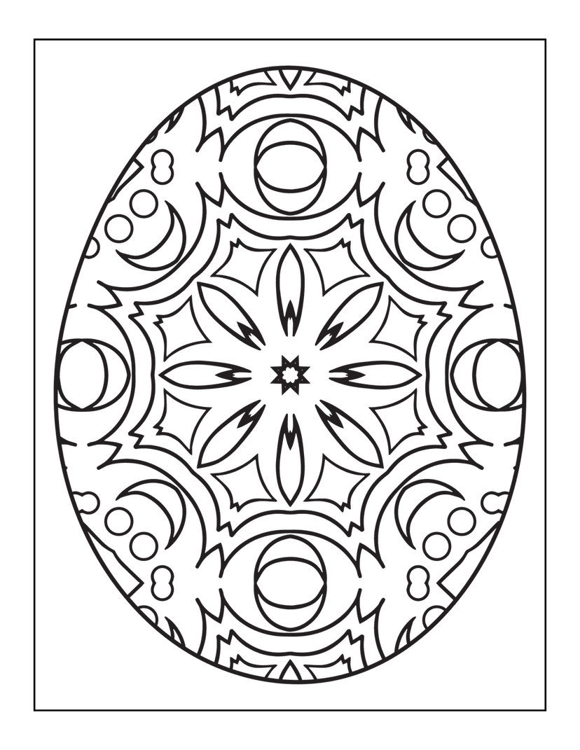 Symmetrical mandala line art featuring circular geometric patterns and floral petal motifs in black and white.