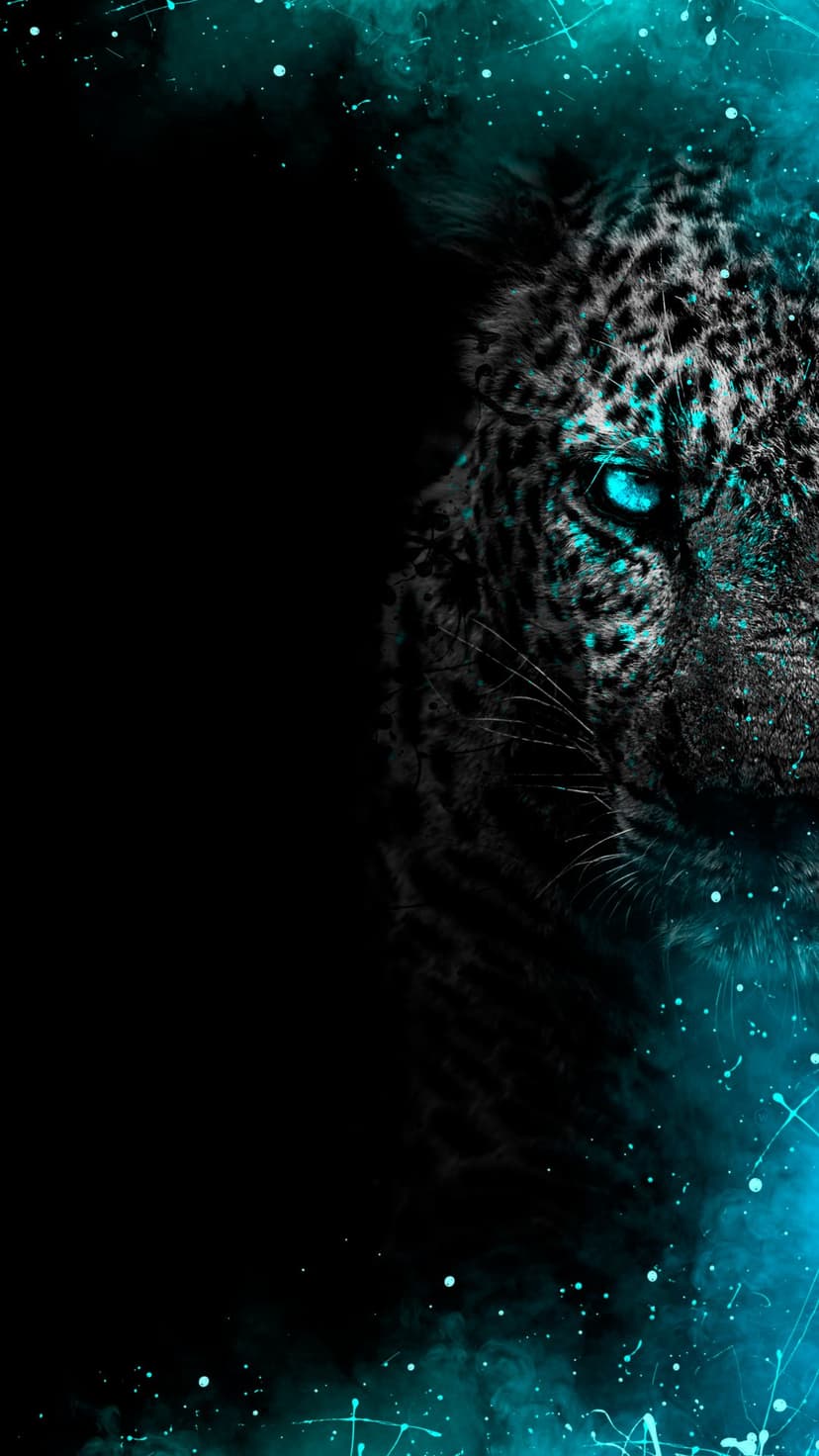 Leopard face with a glowing blue eye partially hidden in shadow surrounded by teal paint splatters and cosmic dust.
