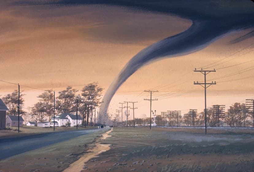 Massive dark tornado funnel swirling through a rural town with flying debris under an ominous stormy sky.