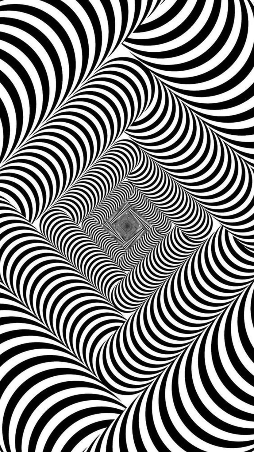 Spiraling black and white stripes create a deep geometric vortex tunnel converging at a central vanishing point.
