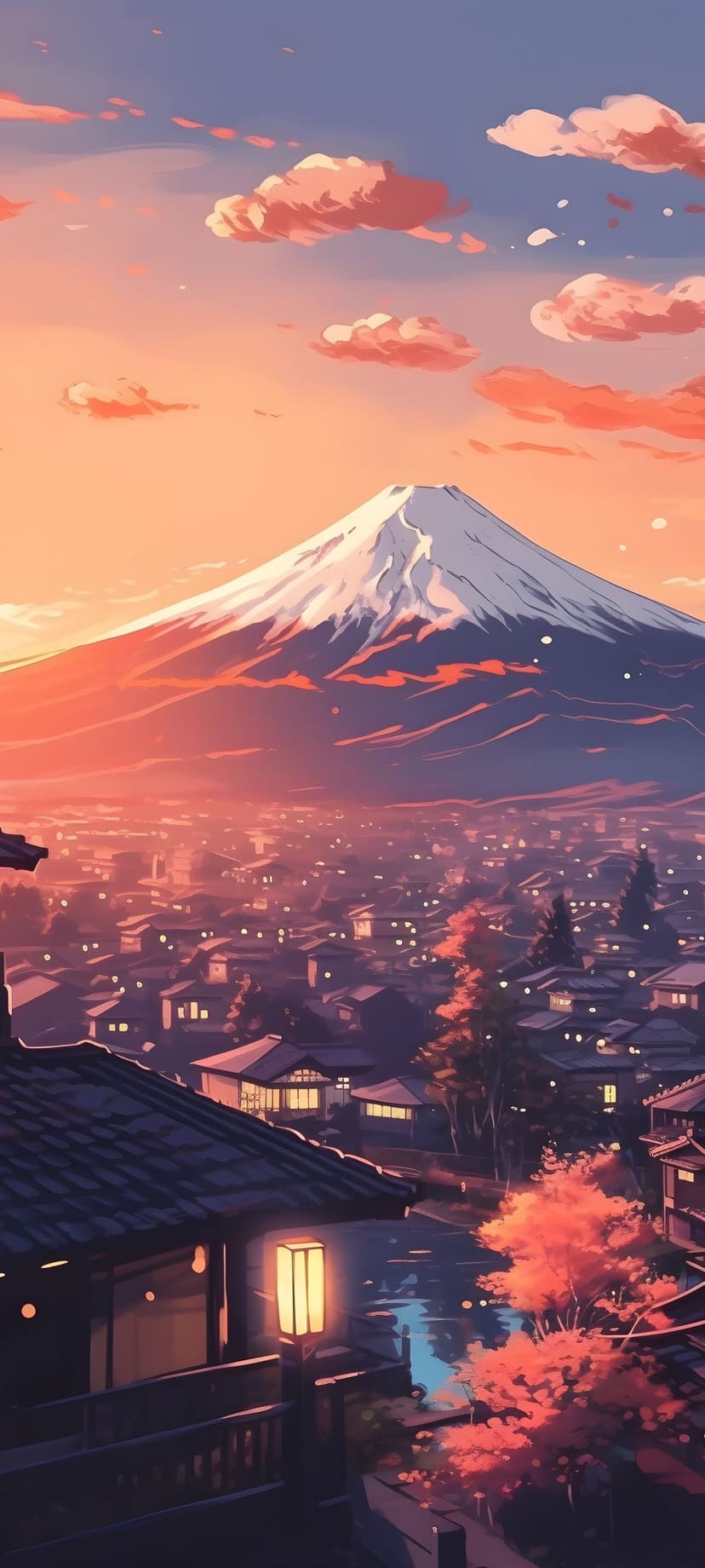 Snow-capped Mount Fuji towers over a small village with glowing lanterns and red autumn leaves at sunset.