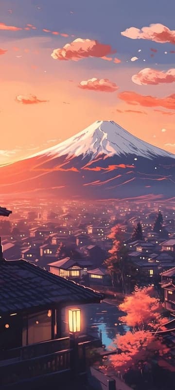 Twilight Mt. Fuji Japanese Village Anime Mobile Wallpaper