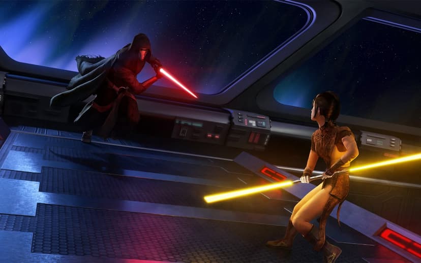 Revan and Bastila Shan duel with red and yellow lightsabers on a spaceship bridge overlooking deep space.