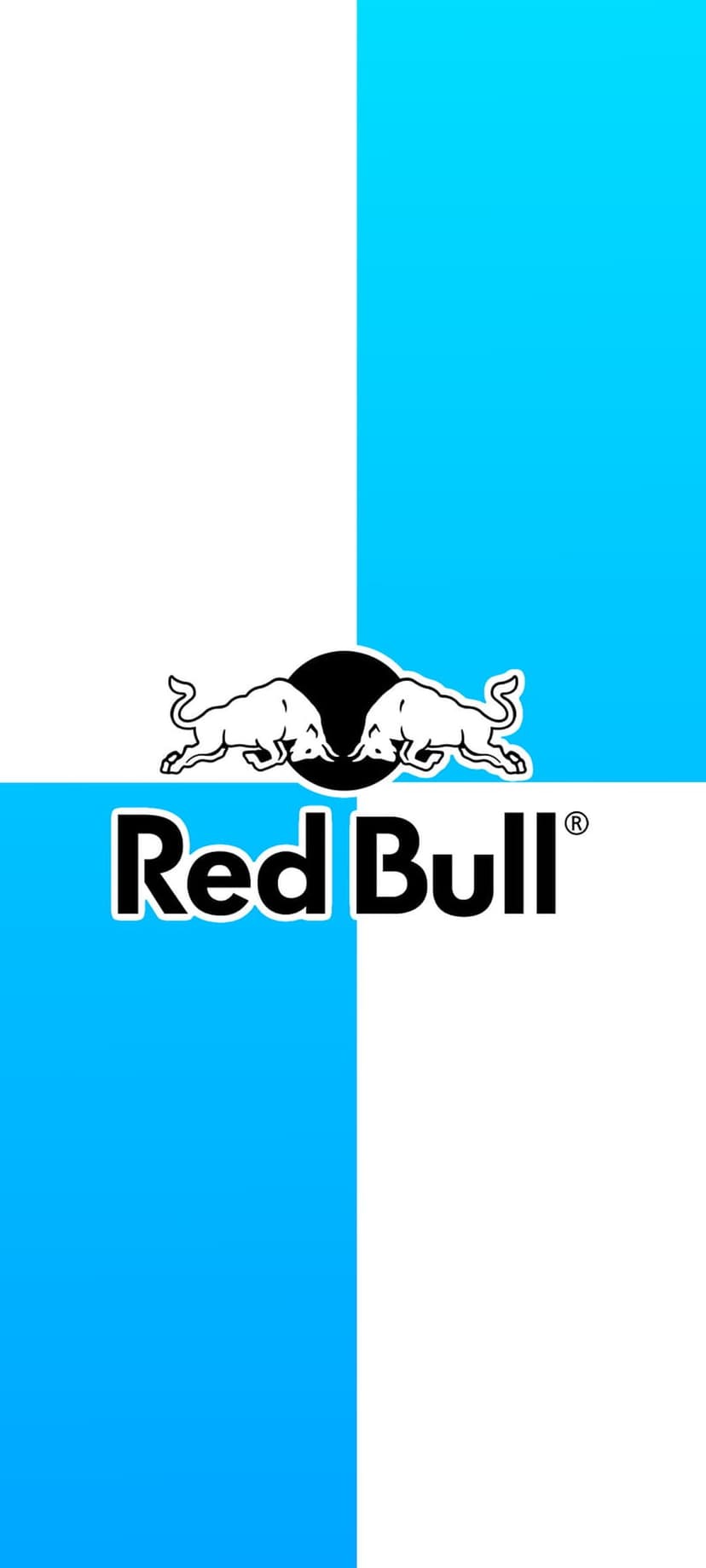 White charging bulls facing each other before a black circle on a blue and white checkered grid background.