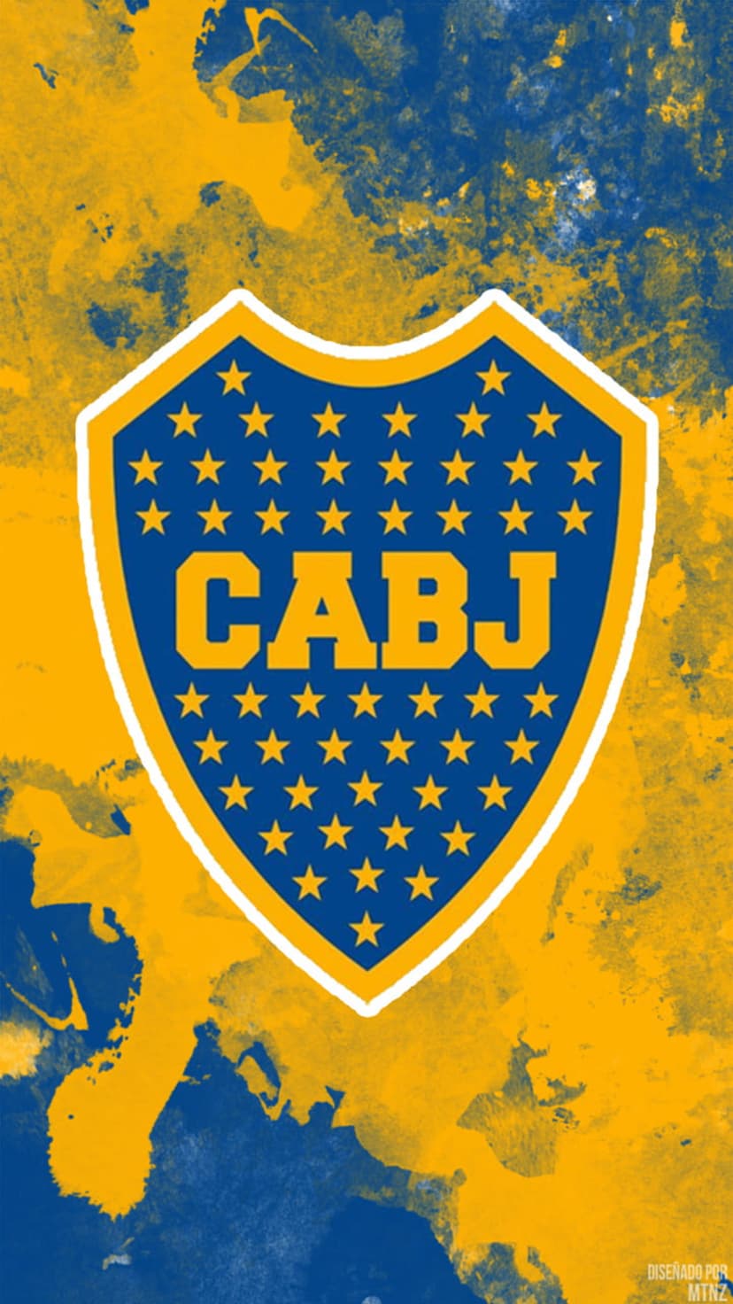 Boca Juniors shield with gold stars centered on a blue and yellow paint splatter background in portrait view.