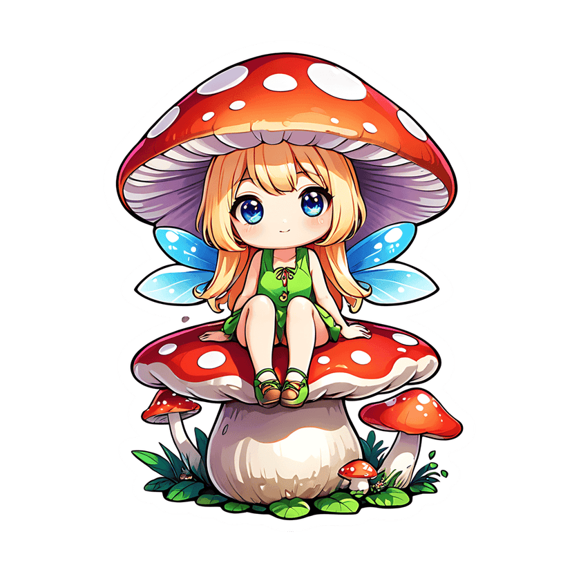 Chibi fairy with blue wings sits on a red spotted mushroom. Blonde hair and green dress contrast a black background.