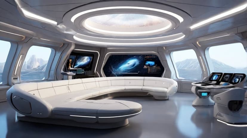 White curved sofa in a high-tech starship cockpit facing a window with views of a purple alien mountain range.