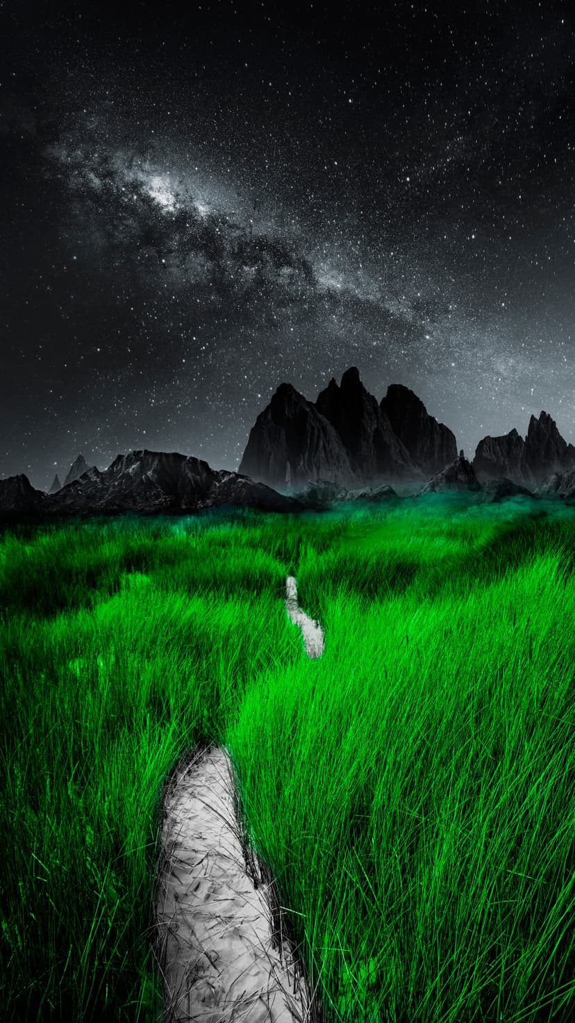 Luminous green field stretching toward dark mountains under a bright Milky Way galaxy and starry night sky.