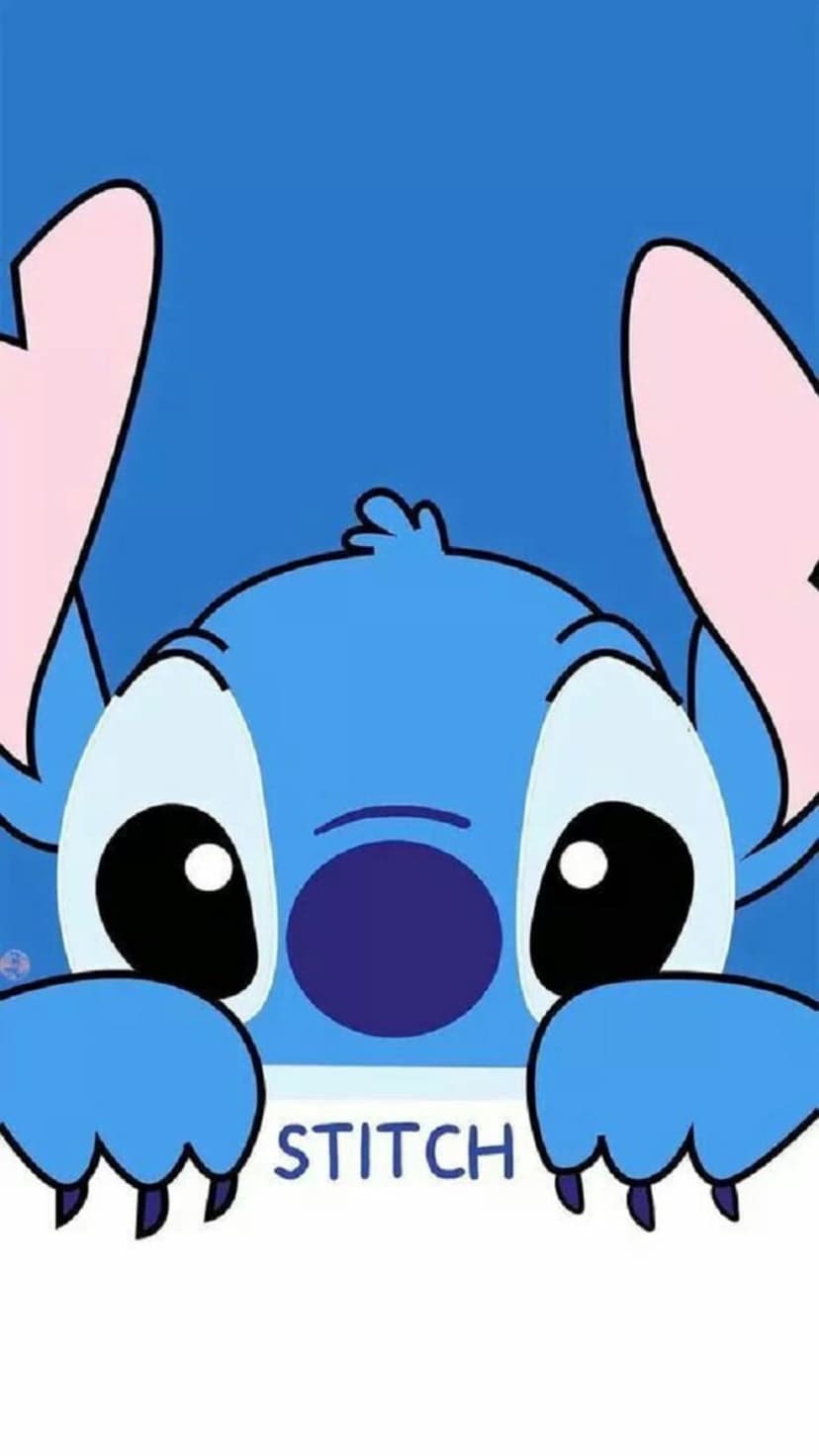 Stitch peers over a blue border with large black eyes and pink ears below white capital letter text.