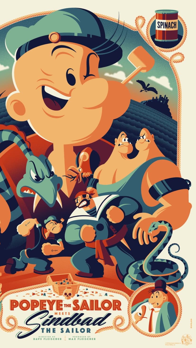 Popeye the Sailor stands before a coiled green snake and treasure chest in a vibrant vintage animation art style.