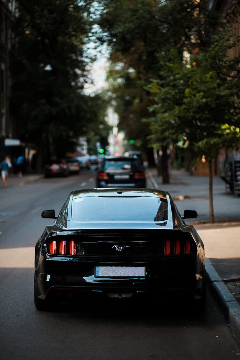 Black Ford Mustang parked on an urban road with red taillights glowing amidst green trees and city bokeh.