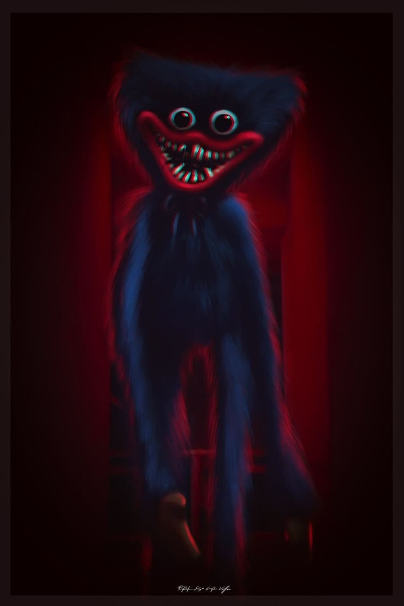 Tall blue fuzzy monster Huggy Wuggy with a wide toothy red grin and bulging eyes in a dark red room.