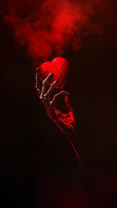 Skeleton Hand Holding a Bloody Heart with Red Smoke
