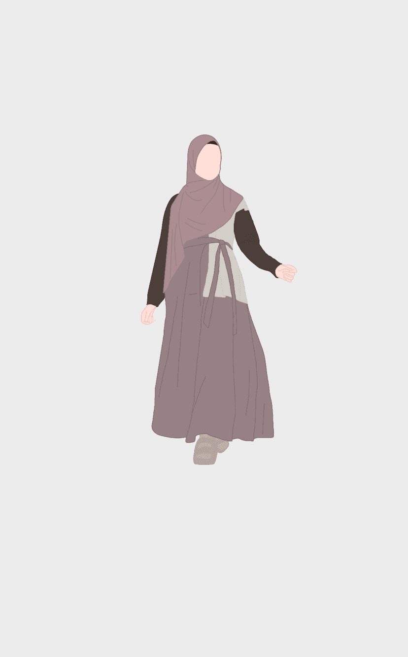 Muslim woman in a mauve hijab and layered dress stands gracefully against a plain minimalist background.