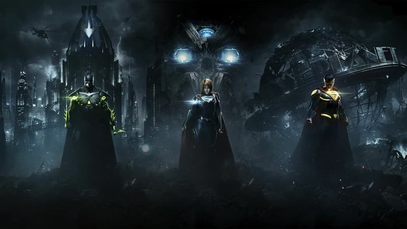 Batman, Supergirl, and Superman standing in front of a giant robotic head with ruins and cityscapes behind them.
