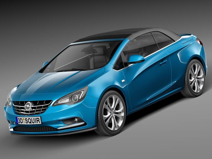 Blue Opel Cascada convertible car with vibrant metallic paint and silver alloy wheels in a dark studio setting.