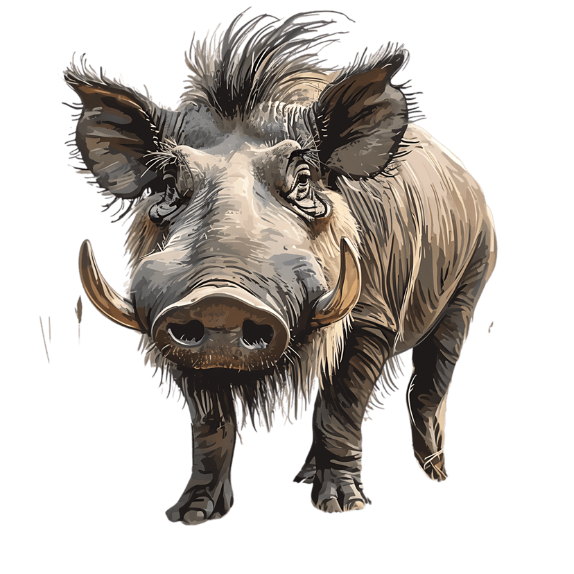 Warthog portrait illustration with prominent curved tusks and coarse mane set against a solid black background.