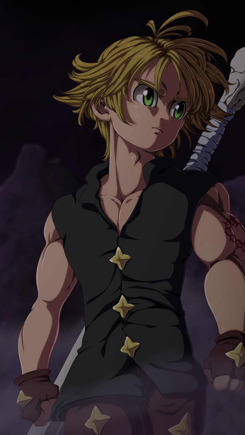 Meliodas with messy blonde hair and green eyes stands before a dark background holding a broken sword hilt.