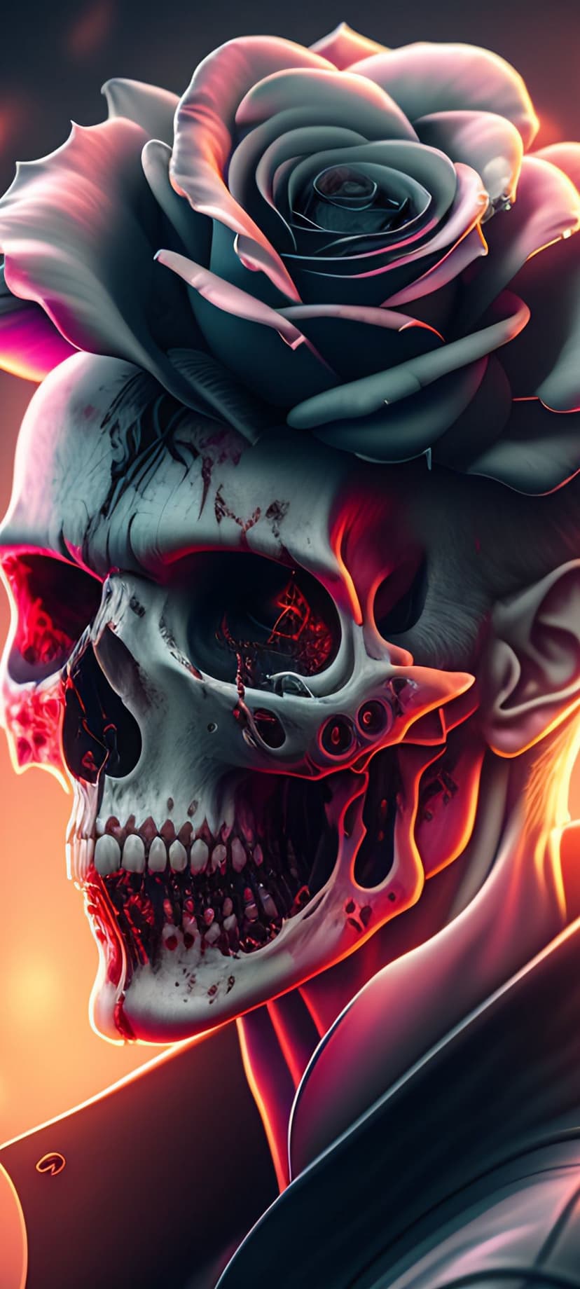 Human skull intertwined with a dark red rose petal featuring dramatic purple lighting and deep black shadows.