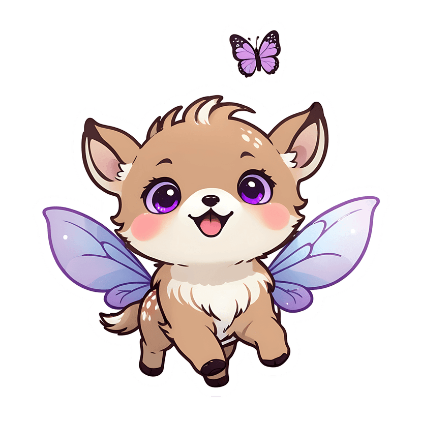 Purple deer fawn sticker with iridescent wings and a small butterfly features a glossy white border outline.