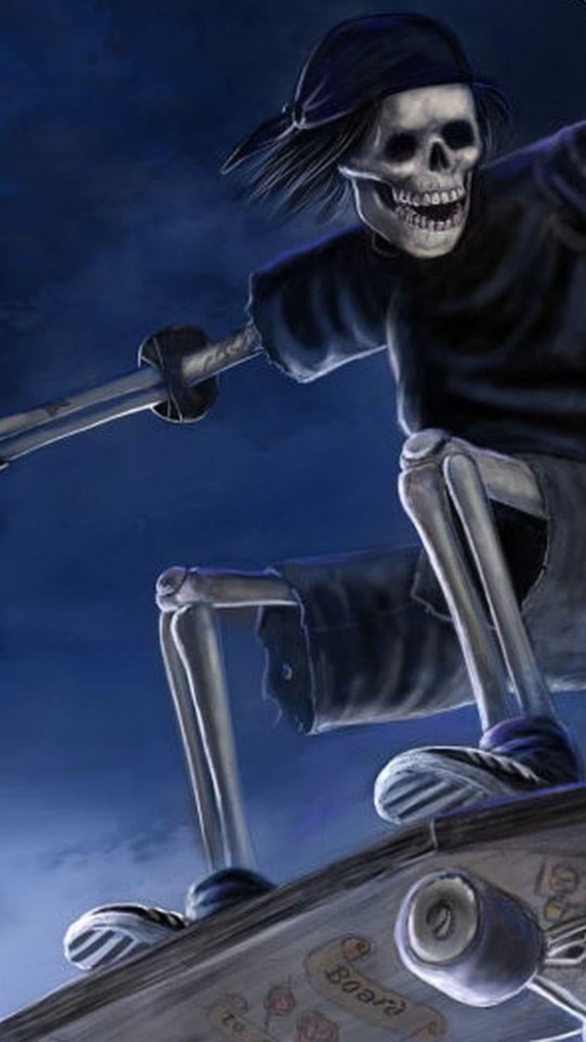 Skeleton skater wearing a black bandana holding a katana on a skateboard against a dark blue hazy backdrop.