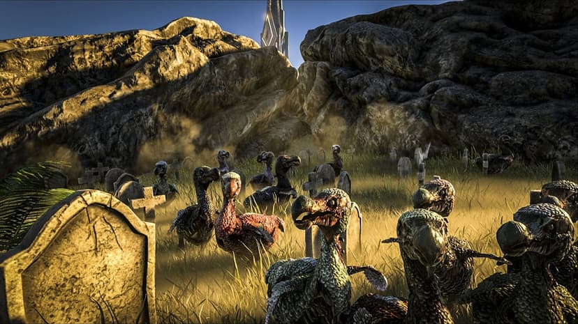 Decay-ridden zombie dodos standing in a misty graveyard with headstones under a golden sunset light.